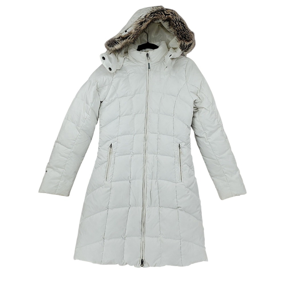 Eddie Bauer XS Lodge Down Parka Women White 650 Fill Hooded Faux Fur Puffer Coat